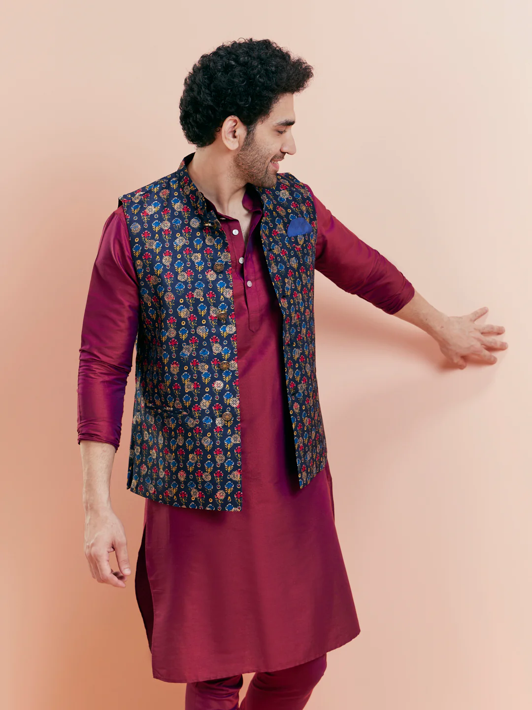 Navy Blue Cotton Silk Floral Nehru Jacket - Image 7