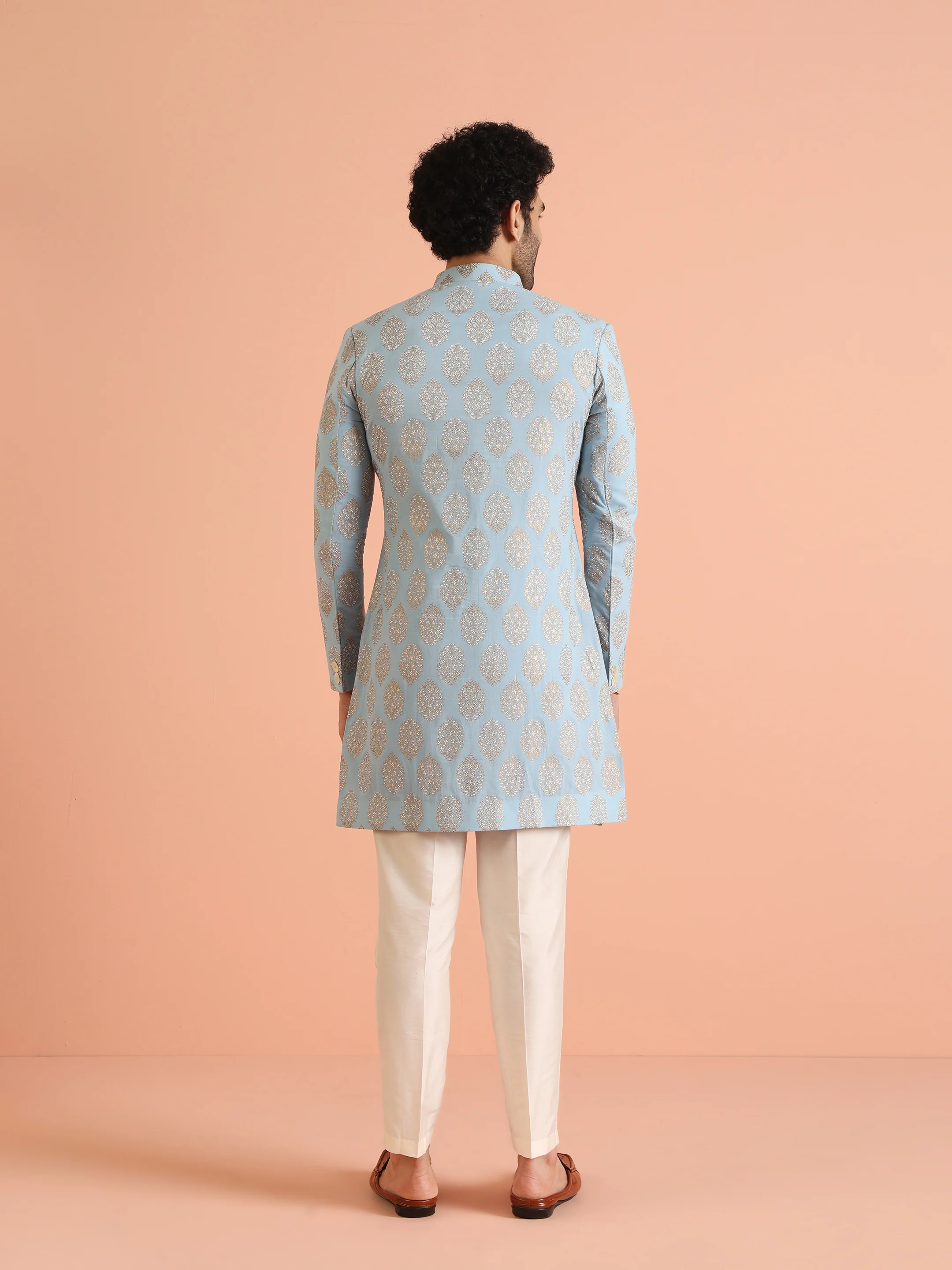 Light Blue Jacquard Sherwani with Cream Trouser - Image 4
