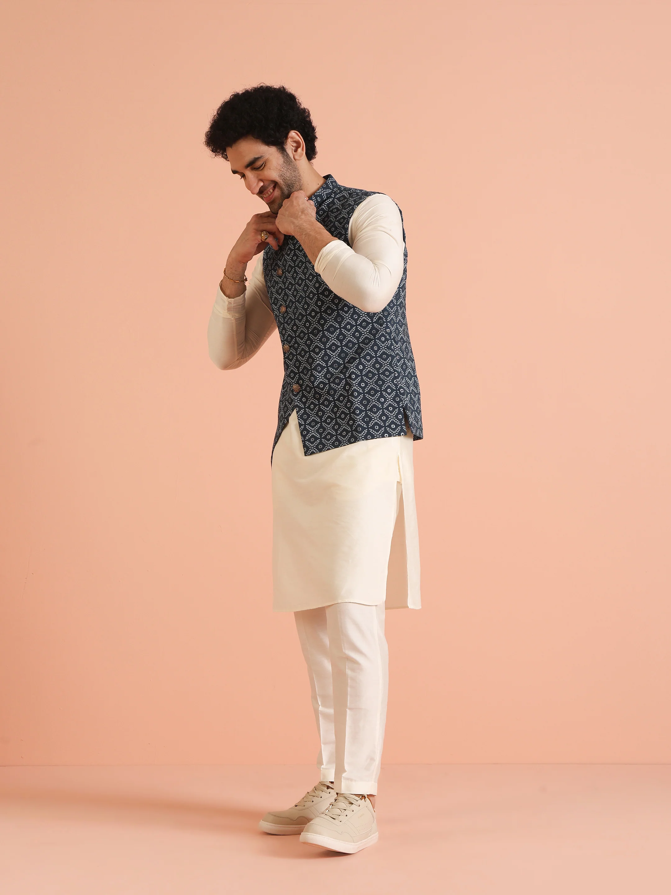 Blue Printed Cotton Nehru Jacket Kurta Trouser Set - Image 3