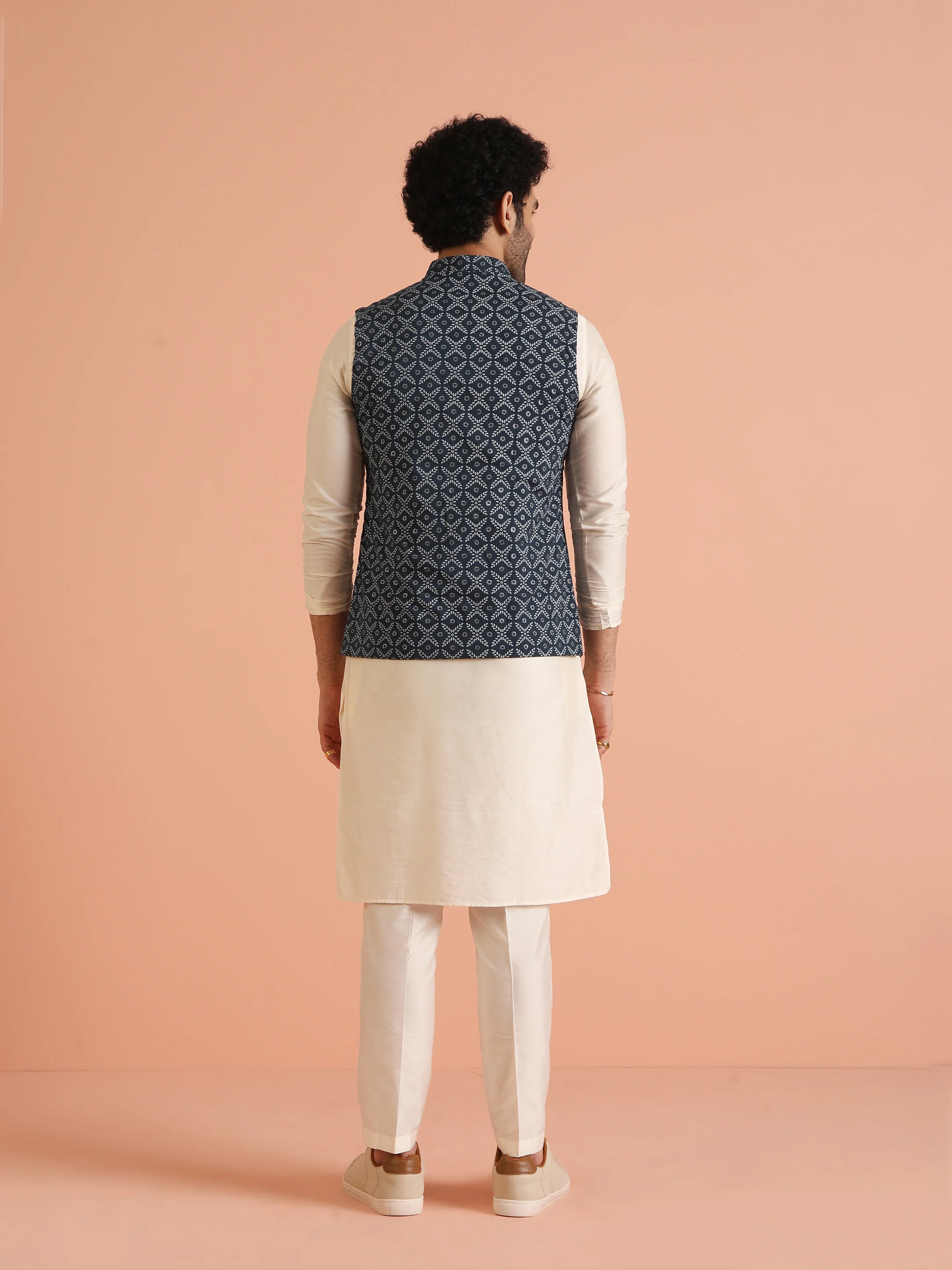 Blue Printed Cotton Nehru Jacket Kurta Trouser Set - Image 4