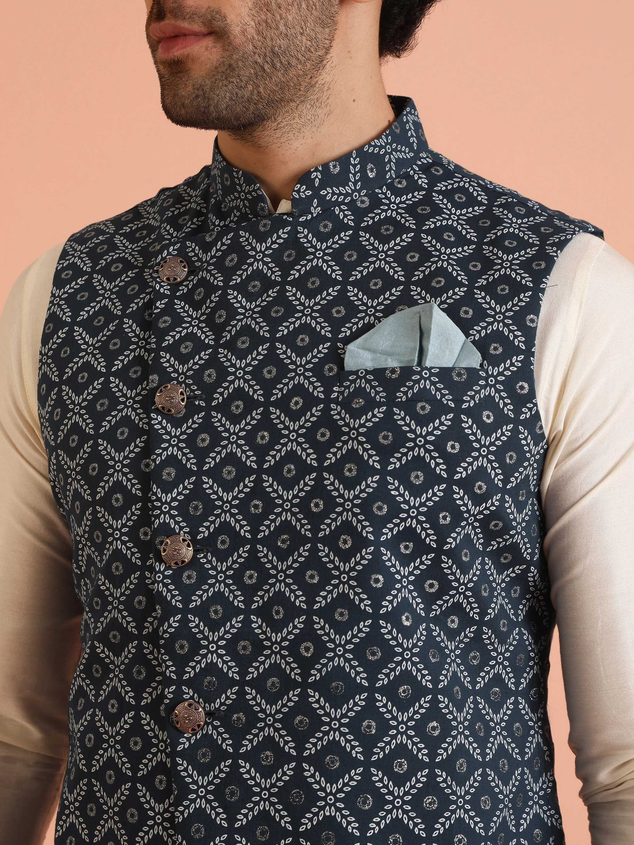Blue Printed Cotton Nehru Jacket Kurta Trouser Set - Image 5