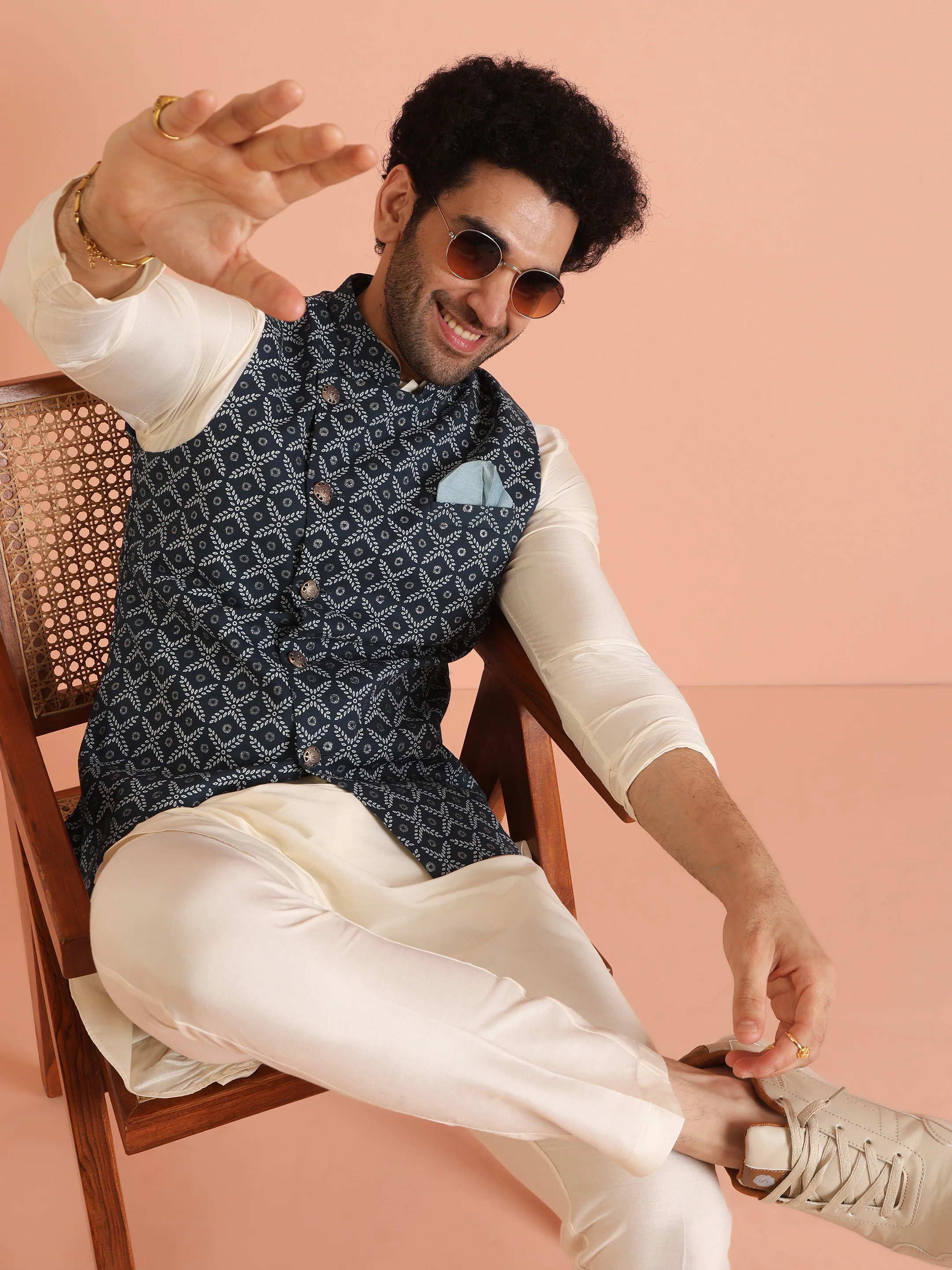 Blue Printed Cotton Nehru Jacket Kurta Trouser Set - Image 8