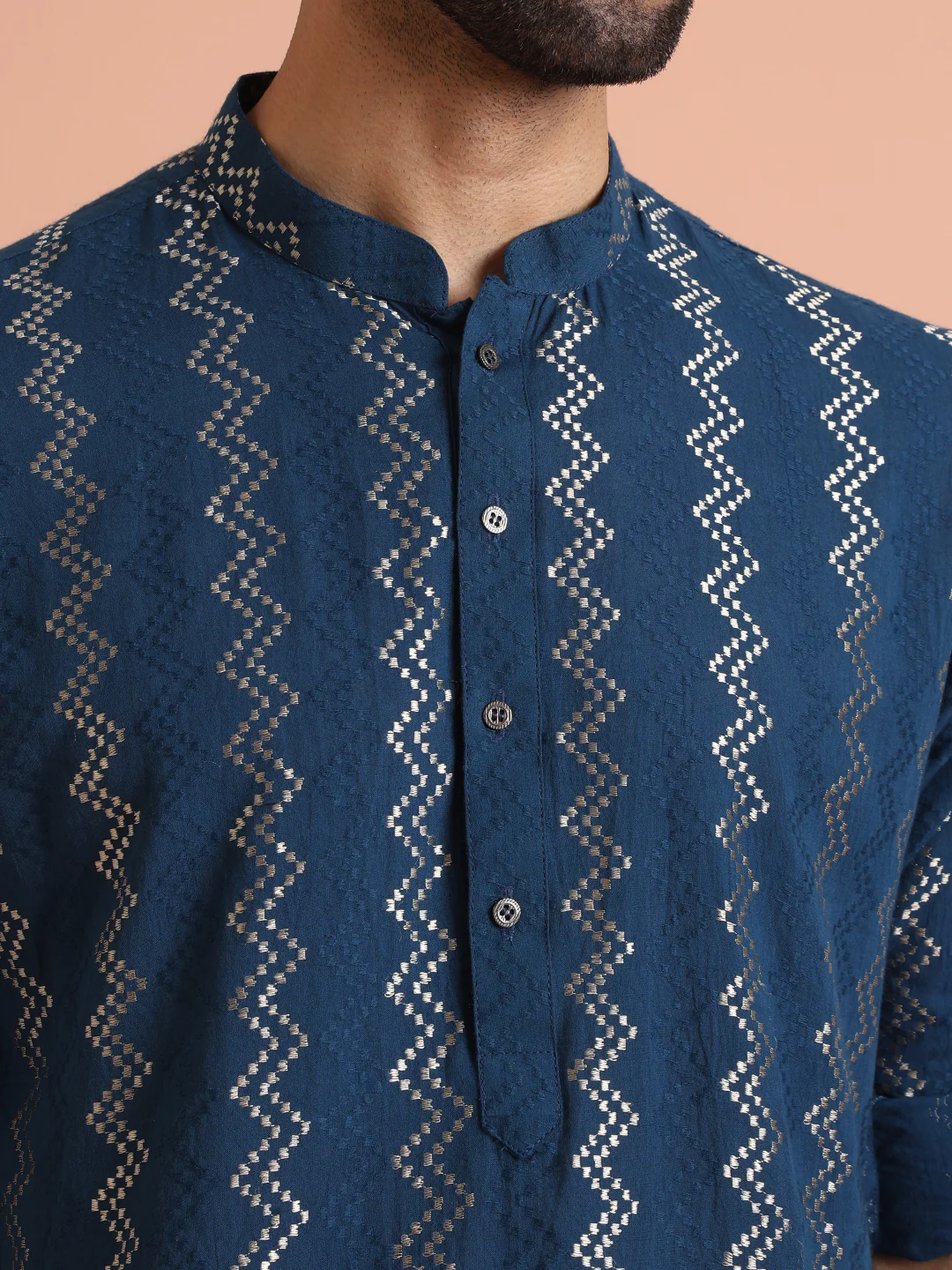 Blue Cotton Metallic Short Kurta - Image 3