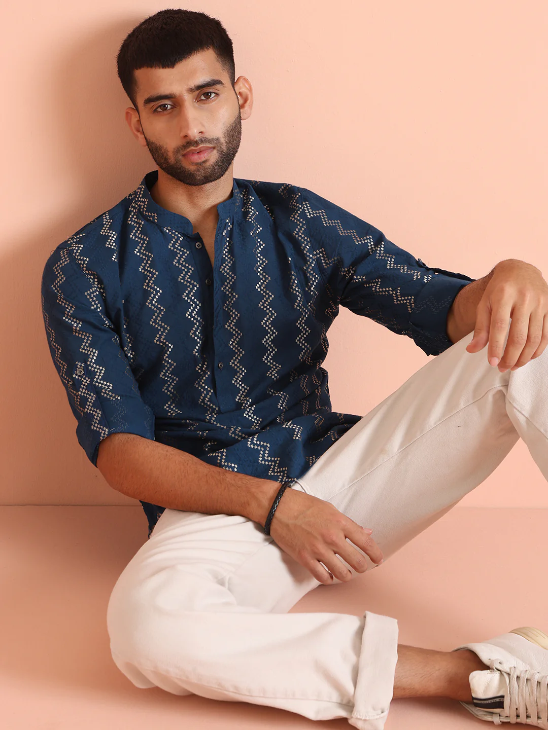 Blue Cotton Metallic Short Kurta - Image 5