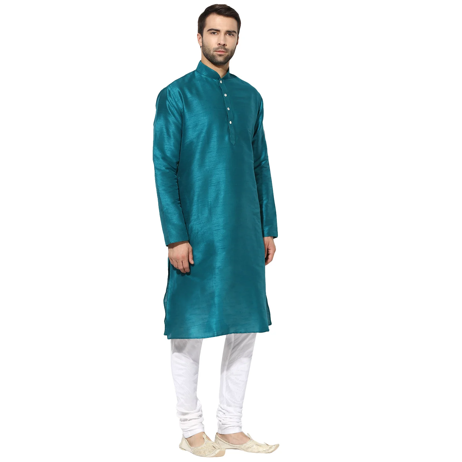 Men Blue Solid Dyed Ethnic Motifs Kurta Churidar Set - Image 2
