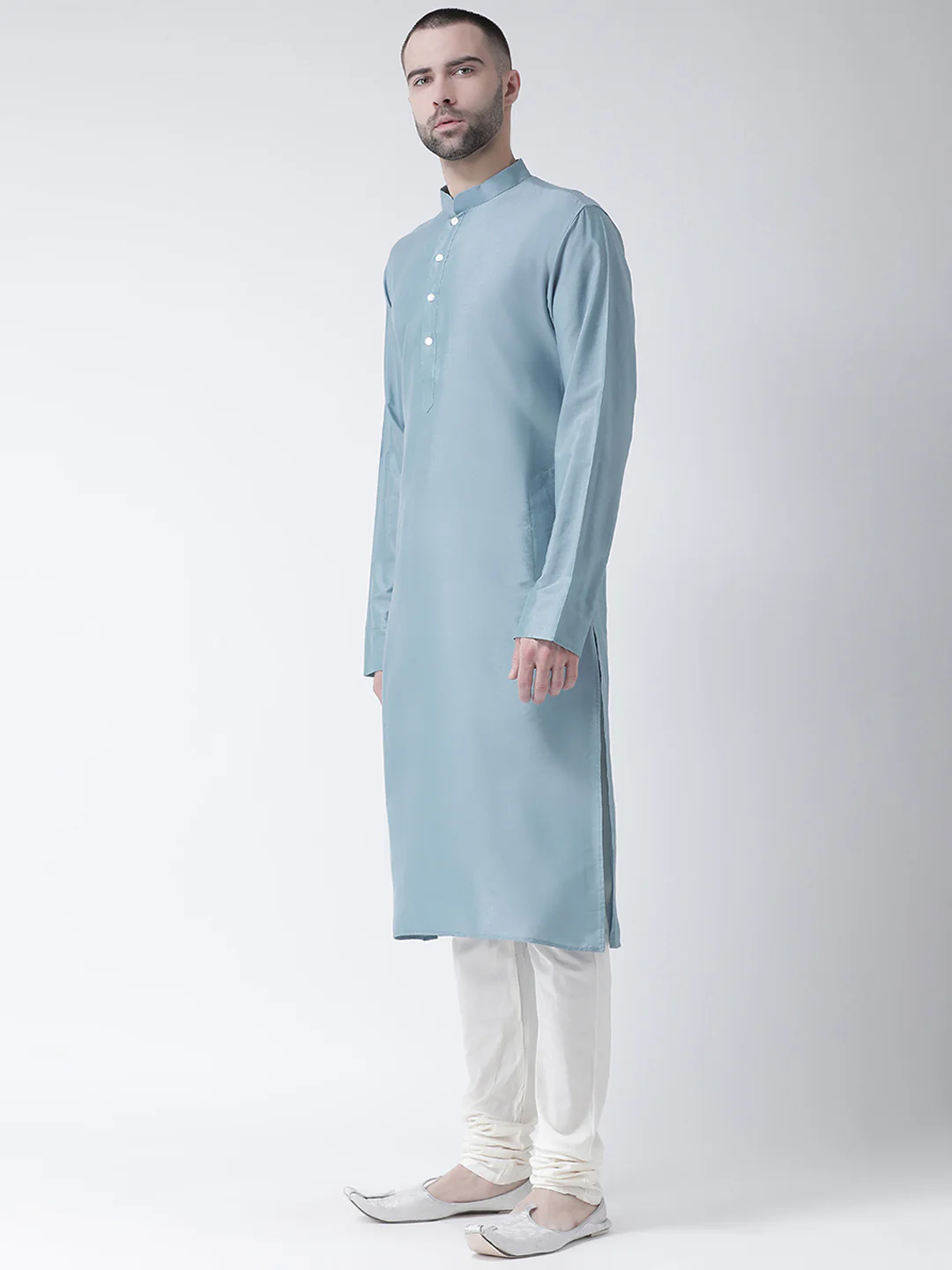 Men Blue Solid Dyed Kurta Churidar Set - Image 2