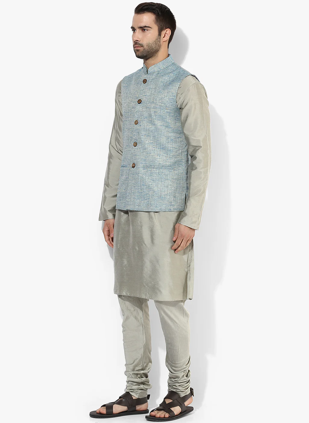 Men Blue Solid Dyed Kurta Jacket Churidar Set - Image 3
