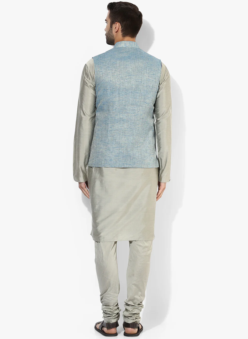 Men Blue Solid Dyed Kurta Jacket Churidar Set - Image 4