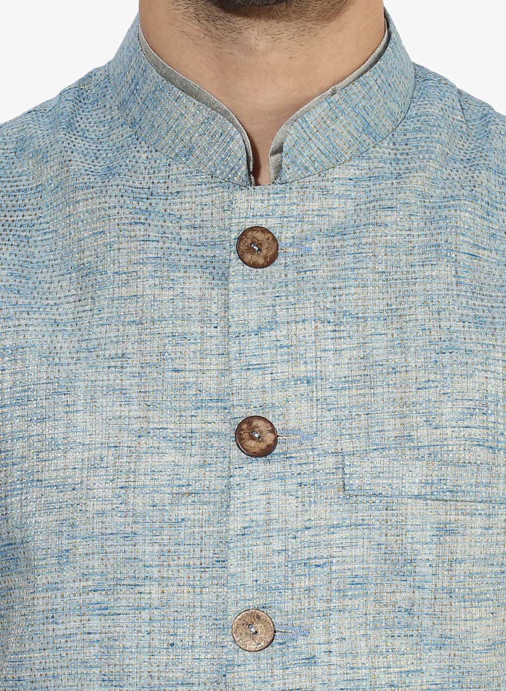 Men Blue Solid Dyed Kurta Jacket Churidar Set - Image 5