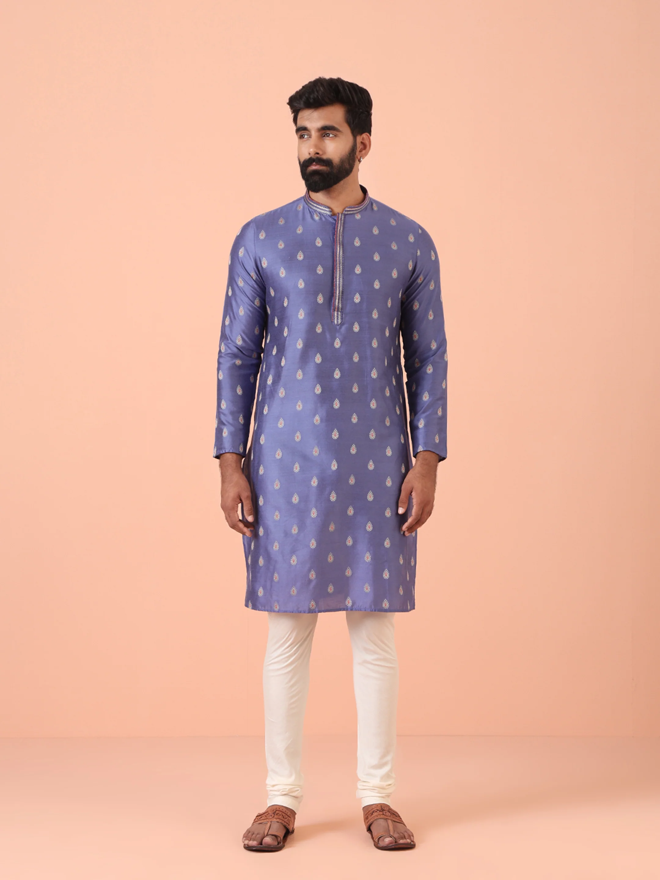 Men Blue Woven Design Kurta Churidar Set - Image 3