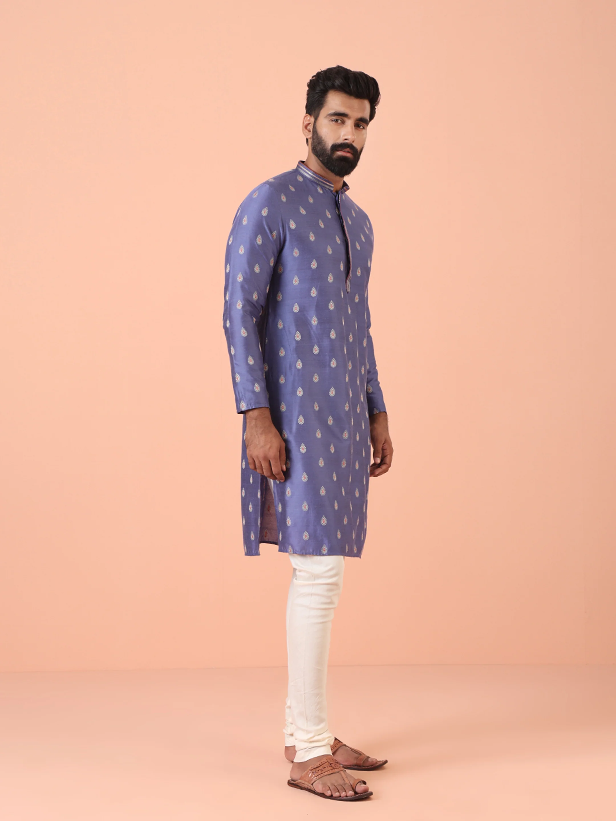 Men Blue Woven Design Kurta Churidar Set - Image 5