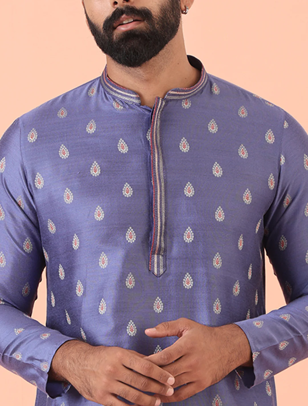 Men Blue Woven Design Kurta Churidar Set - Image 7