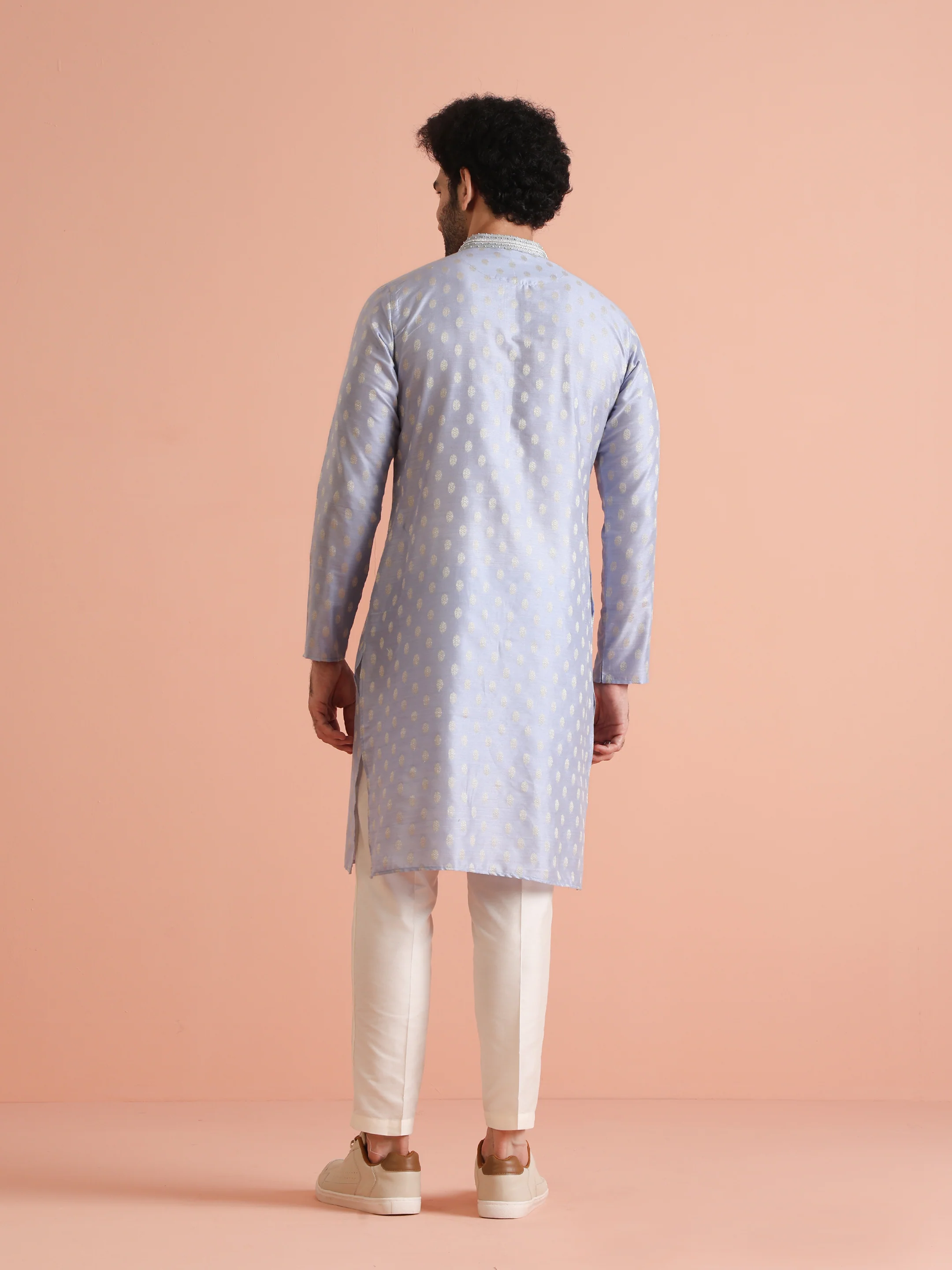 Men Blue Woven Design Kurta Trousers Set - Image 4