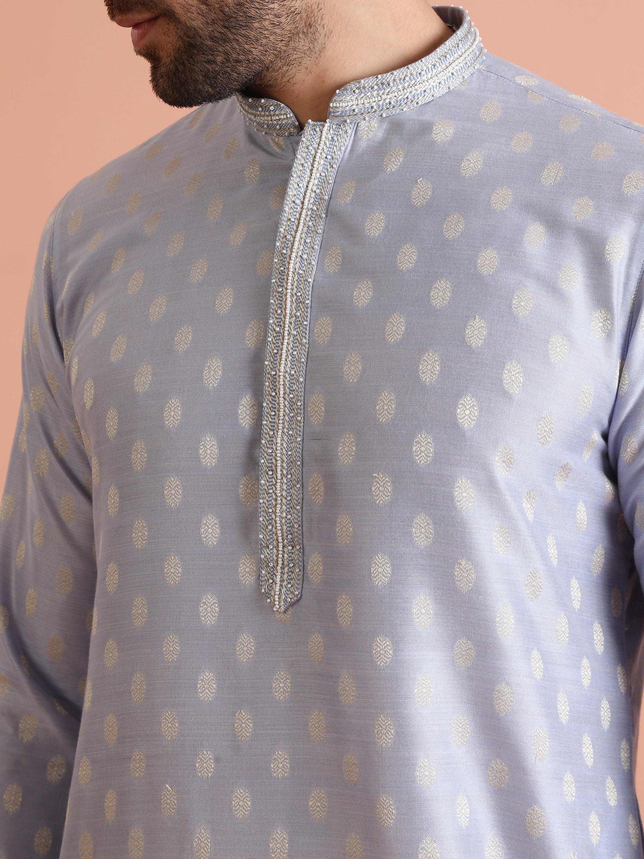 Men Blue Woven Design Kurta Trousers Set - Image 5