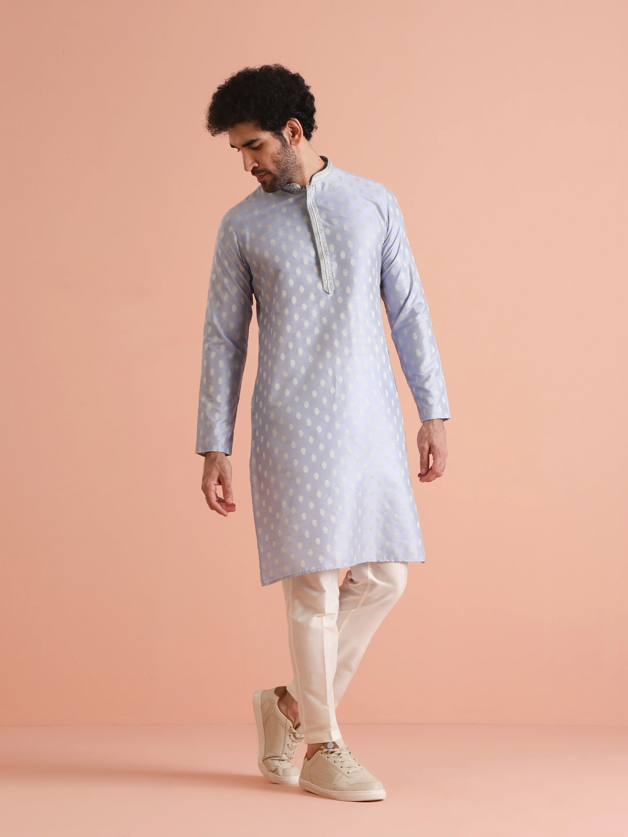 Men Blue Woven Design Kurta Trousers Set - Image 7