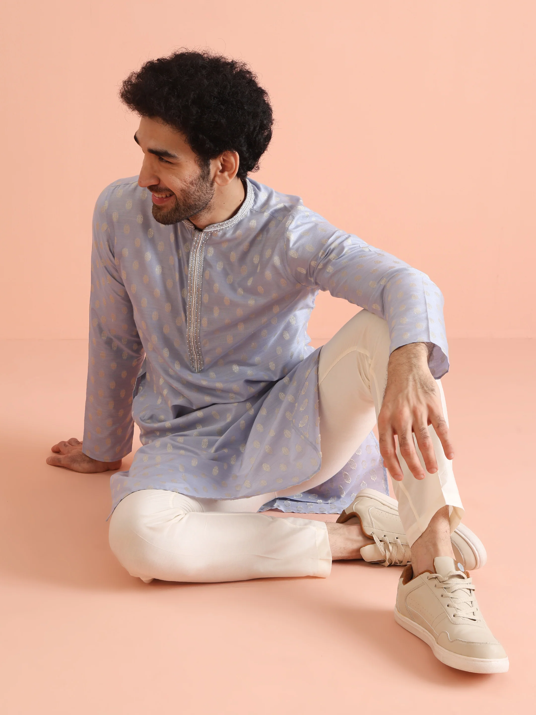 Men Blue Woven Design Kurta Trousers Set - Image 8