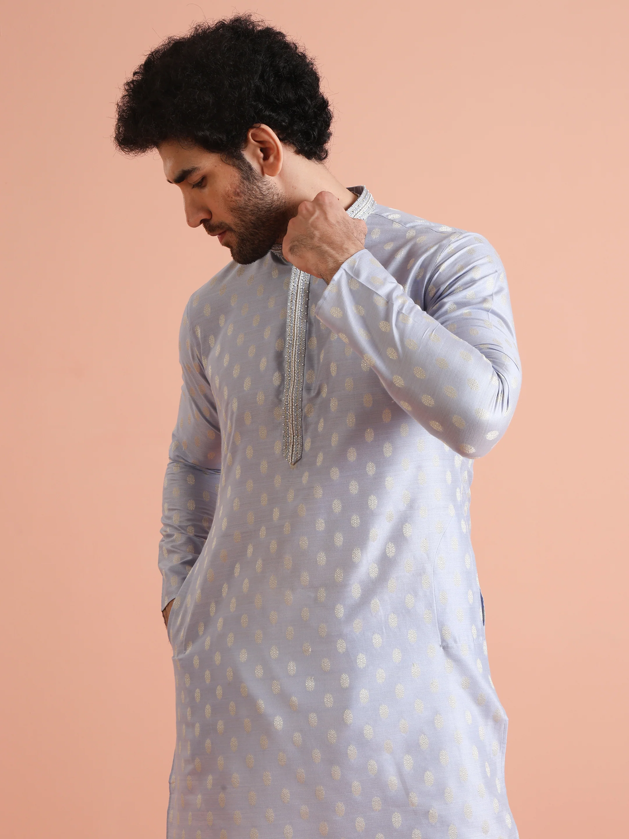 Men Blue Woven Design Kurta Trousers Set - Image 9