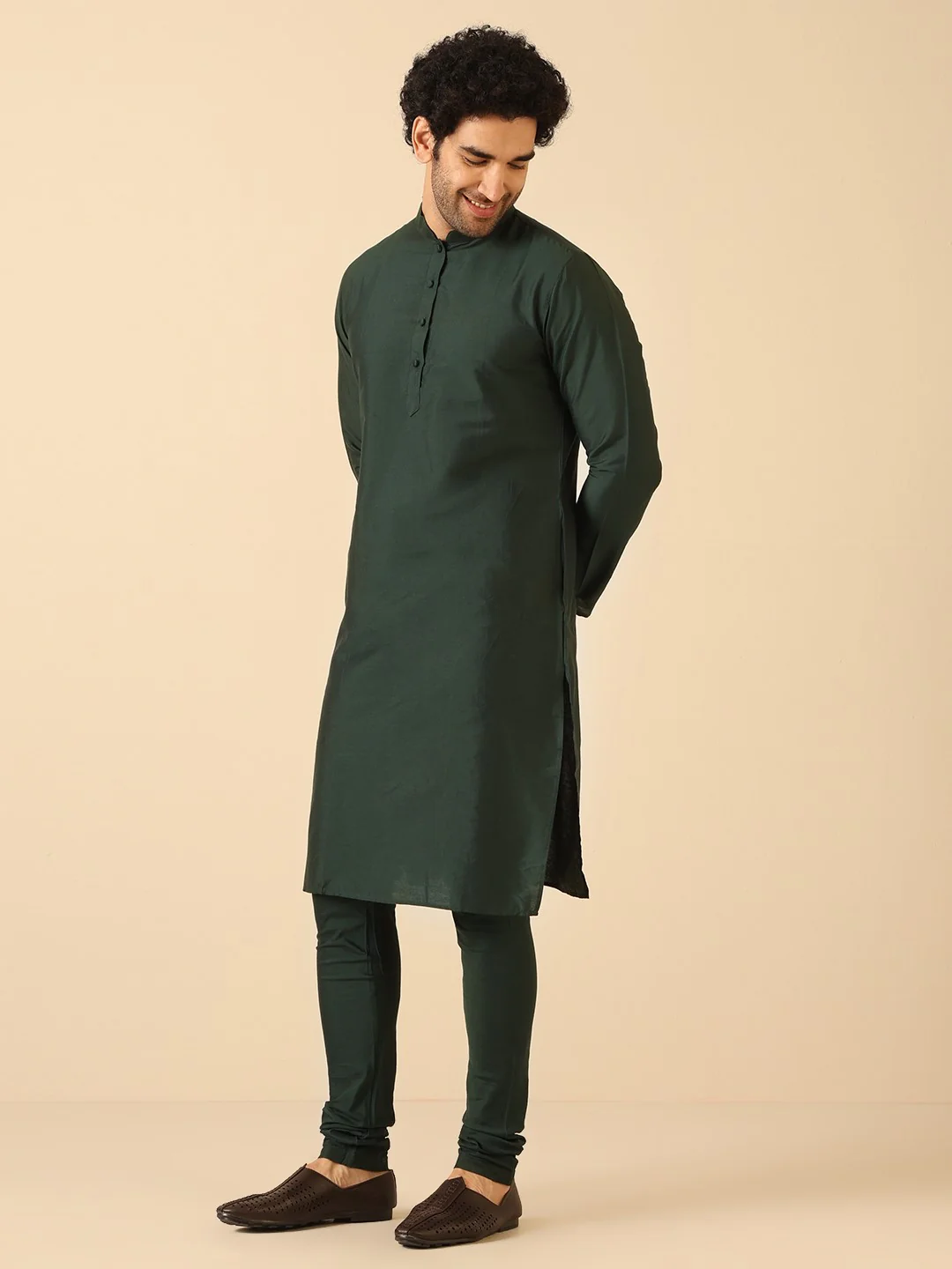 Dark Green Silk Blend Kurta with Churidar - Image 3
