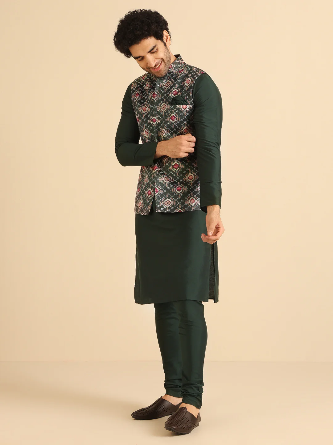 Bottle Green Printed Nehru Jacket Kurta Churidar - Image 2