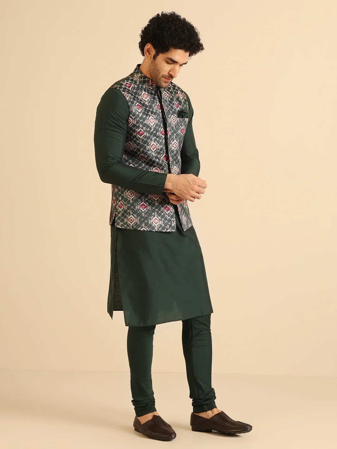 Bottle Green Printed Nehru Jacket Kurta Churidar - Image 3