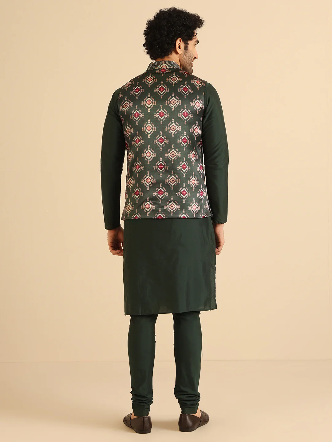 Bottle Green Printed Nehru Jacket Kurta Churidar - Image 4