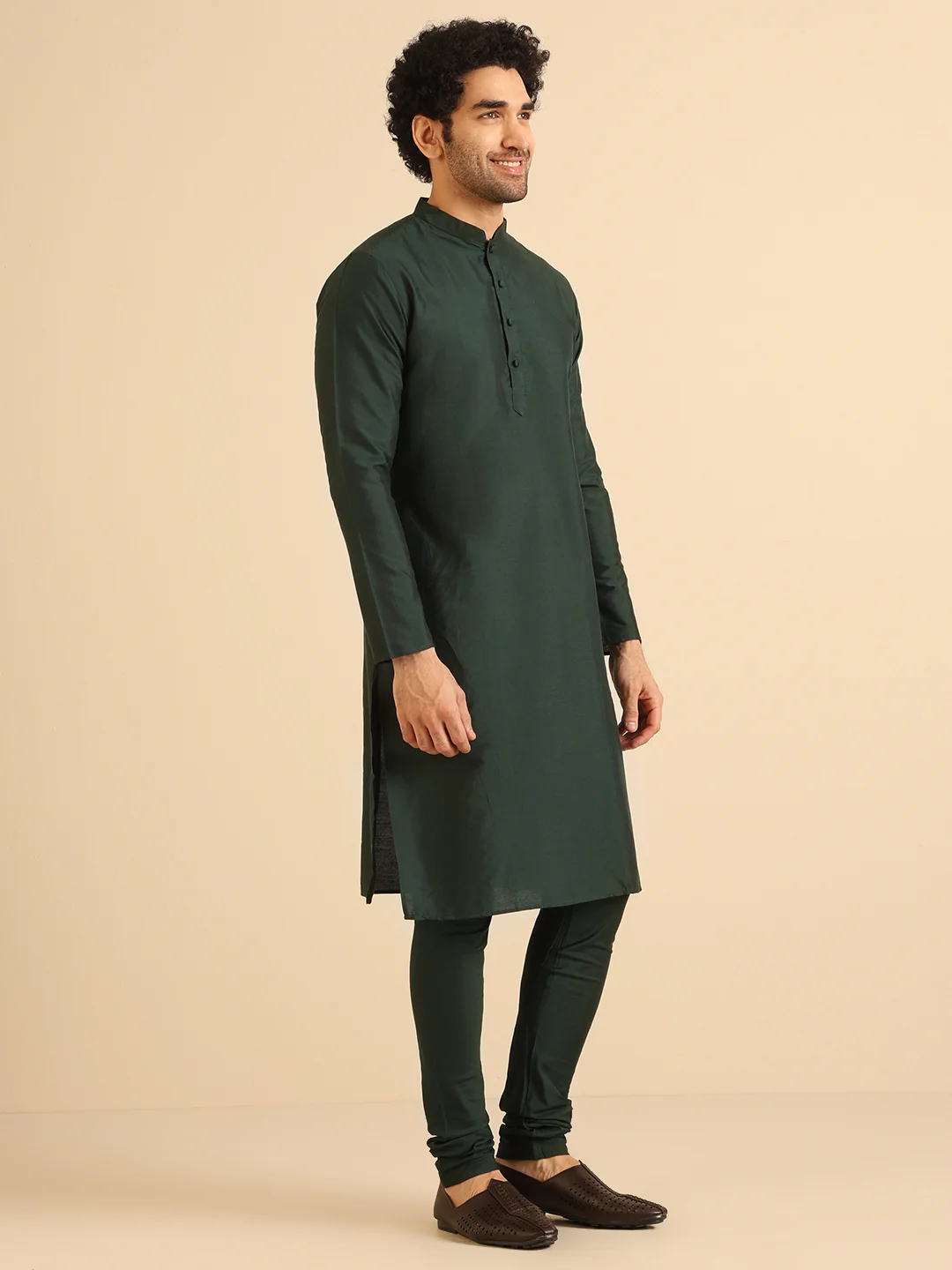 Green Silk Blend Solid Long Kurta - Image 2