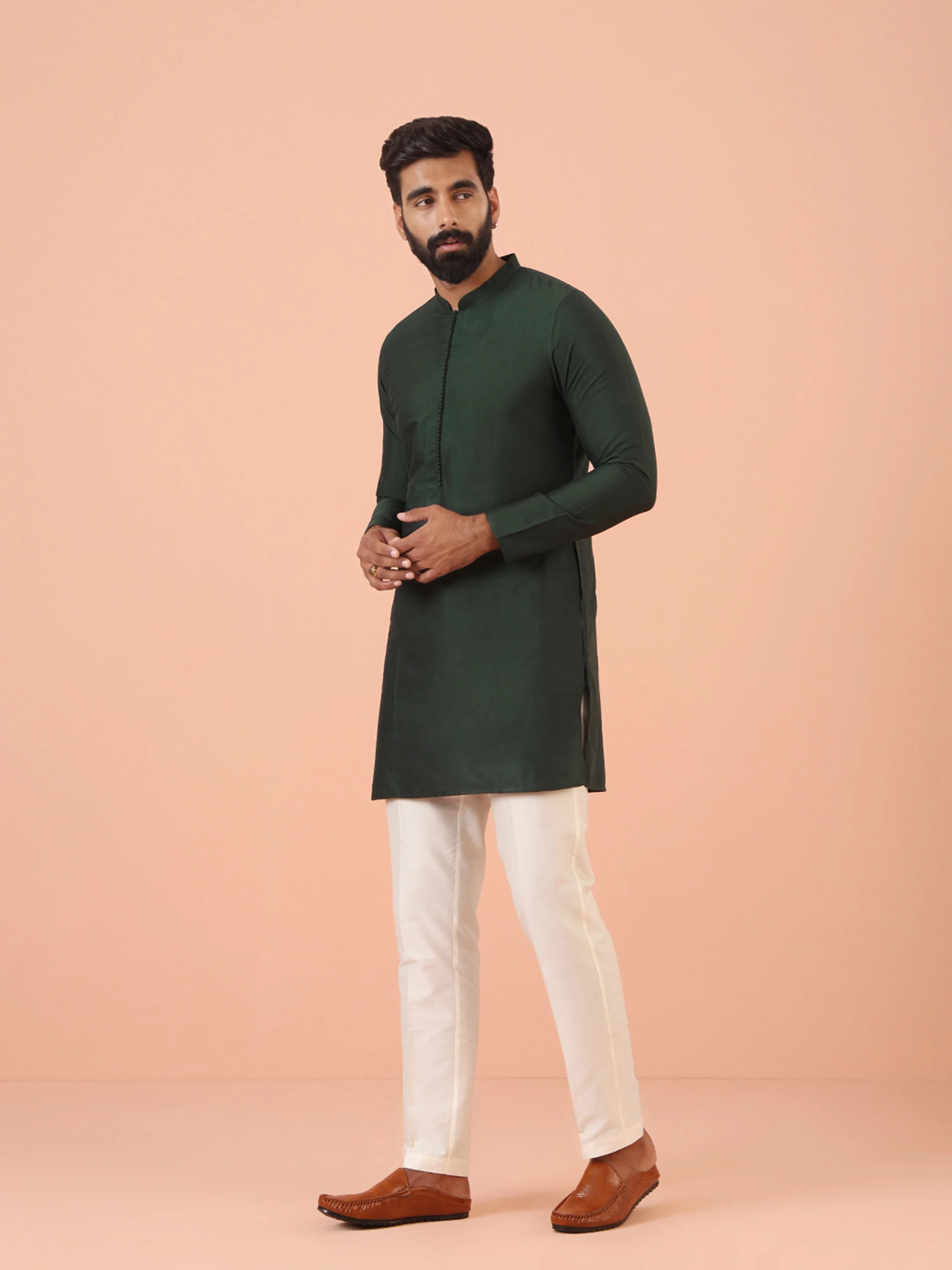 Dark Green Classic Straight Kurta with Mandarin Collar Festive Ethnic Wear - Image 2