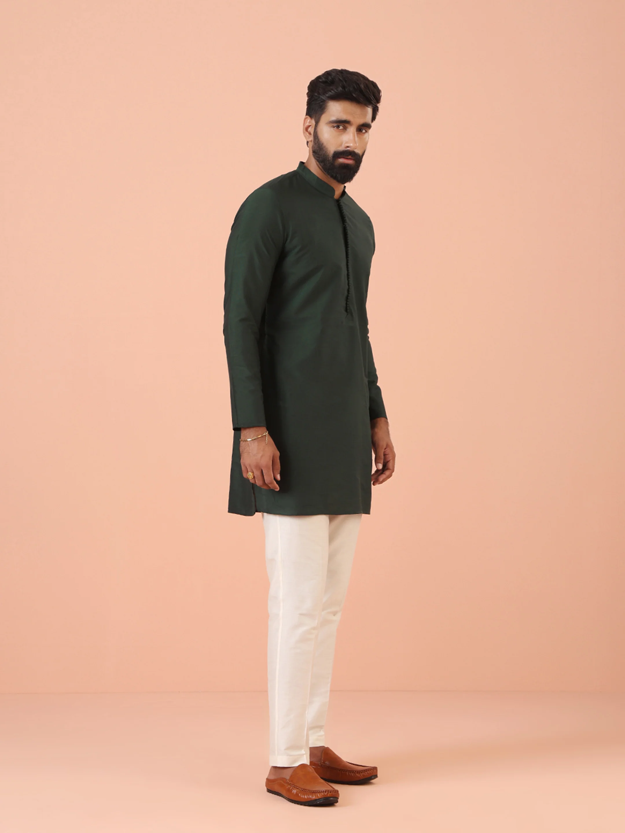 Dark Green Classic Straight Kurta with Mandarin Collar Festive Ethnic Wear - Image 3