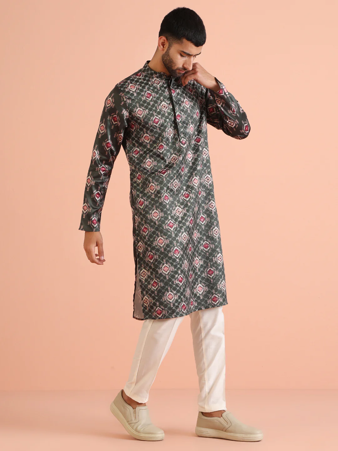 Dark Green Silk blend  Printed Kurta - Image 2