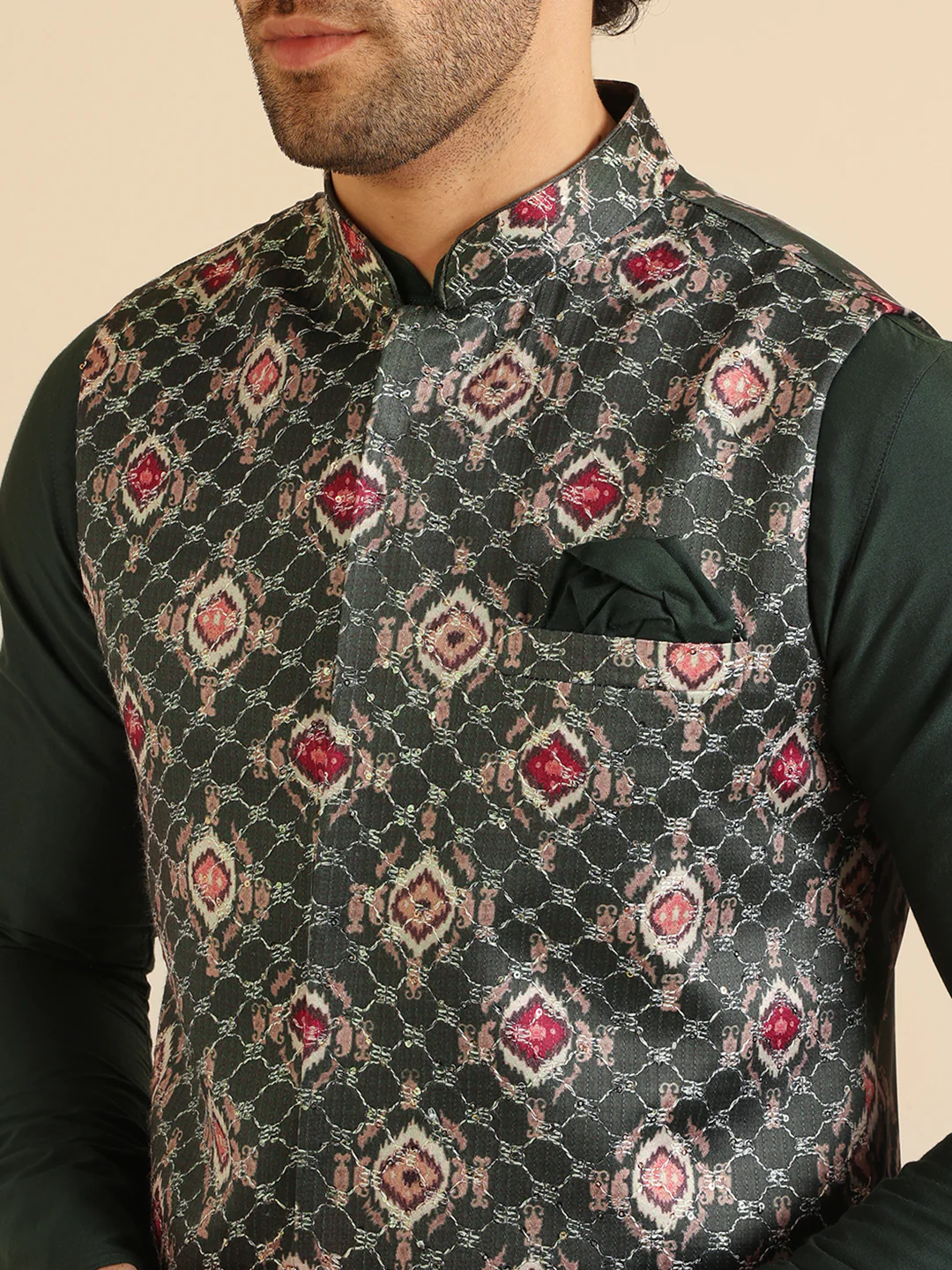 Green Cotton Silk Textured Printed Nehru Jacket - Image 5