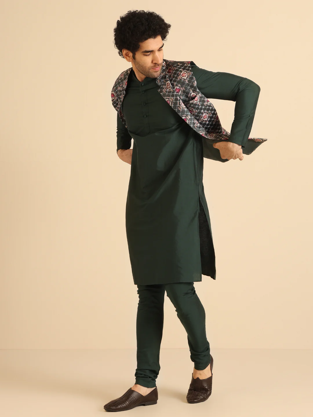 Green Cotton Silk Textured Printed Nehru Jacket - Image 6