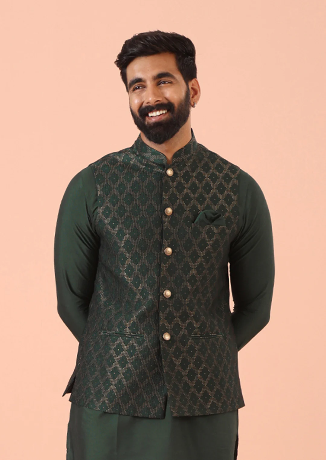 Green Silk Blend Jacquard Nehru Jacket - Image 2