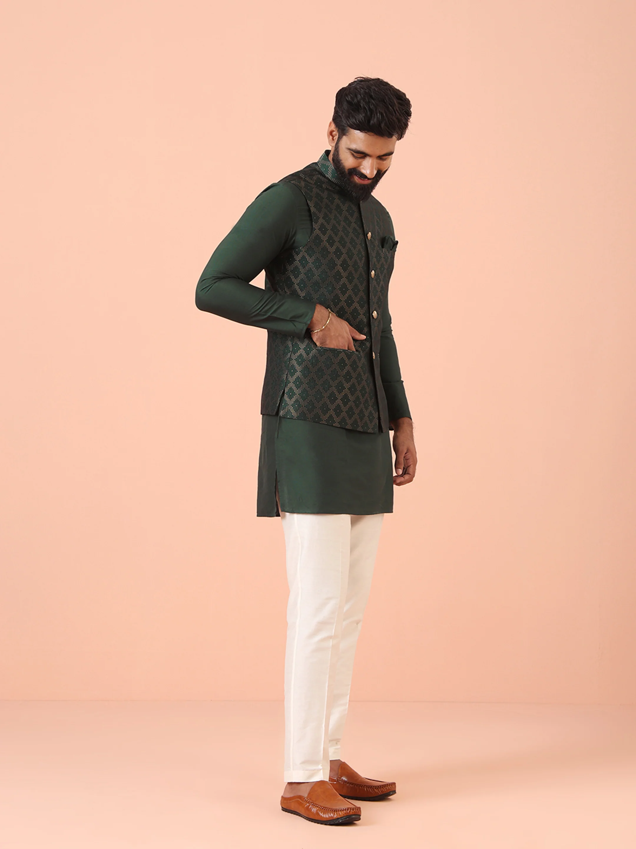 Green Silk Blend Jacquard Nehru Jacket - Image 4