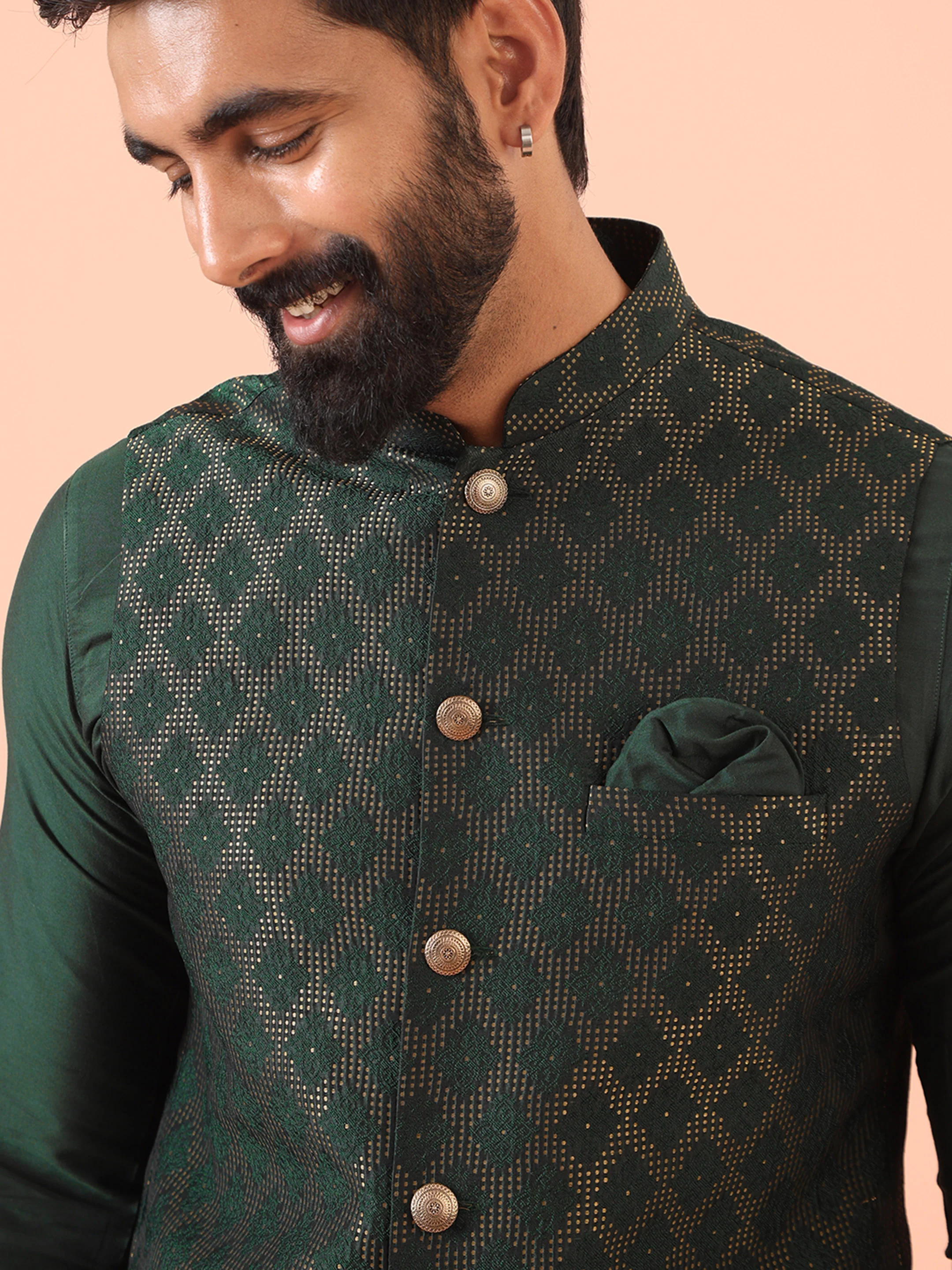Green Silk Blend Jacquard Nehru Jacket - Image 6