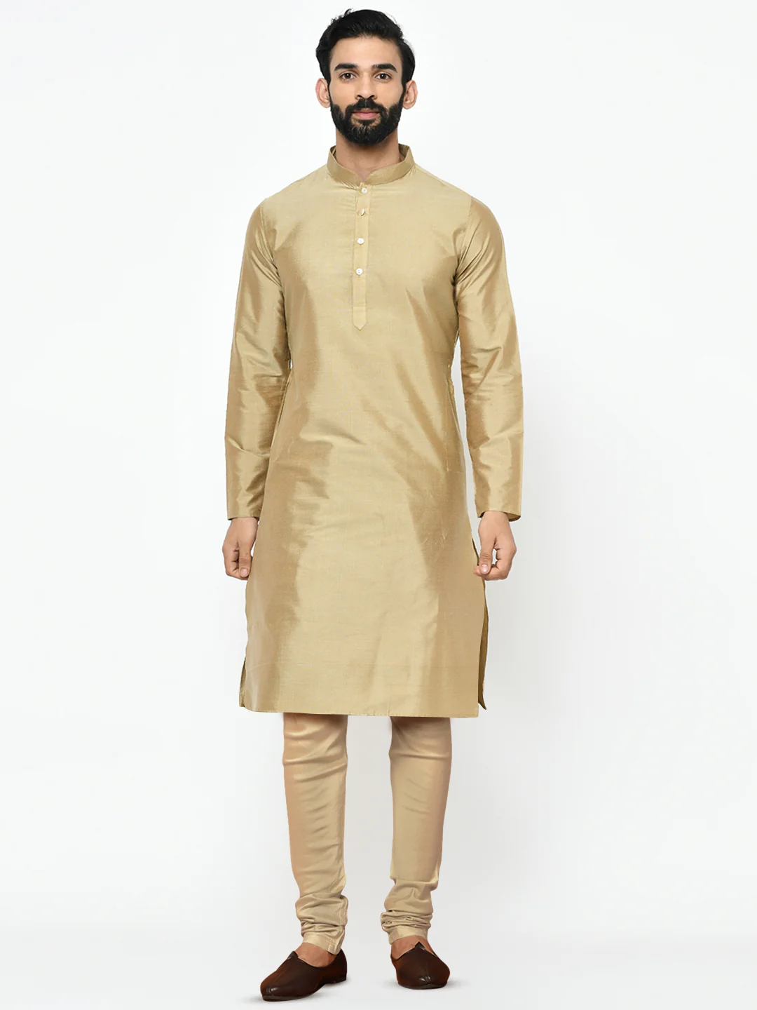 Gold Silk Blend Kurta with Cream Churidar - Image 2