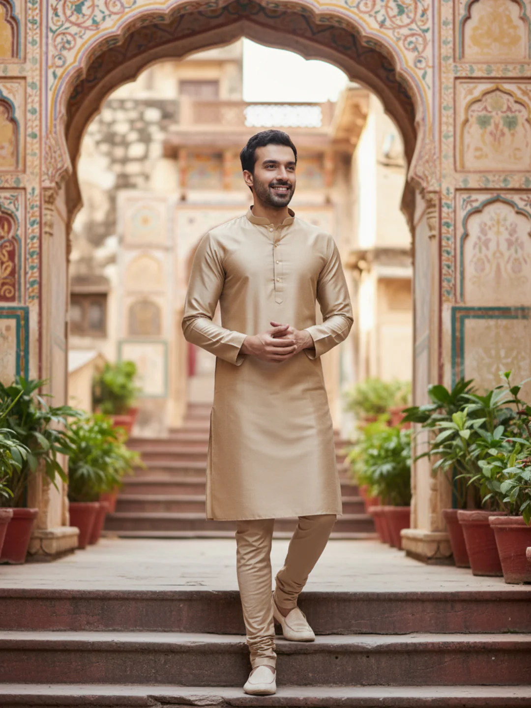 Gold Silk Blend Kurta with Cream Churidar - Image 4