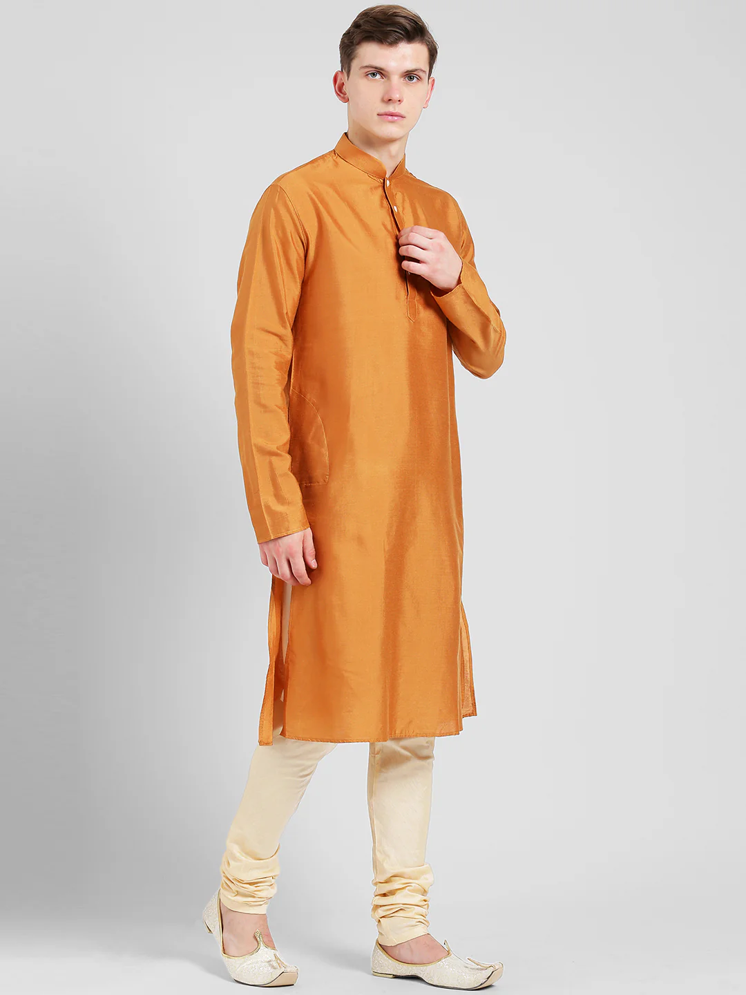 Orange Silk Blend Kurta Cream Churidar Set - Image 2