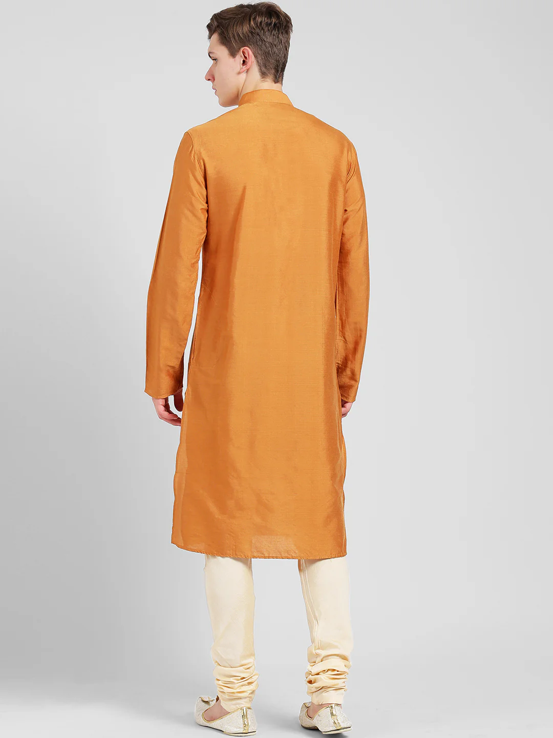 Orange Silk Blend Kurta Cream Churidar Set - Image 4