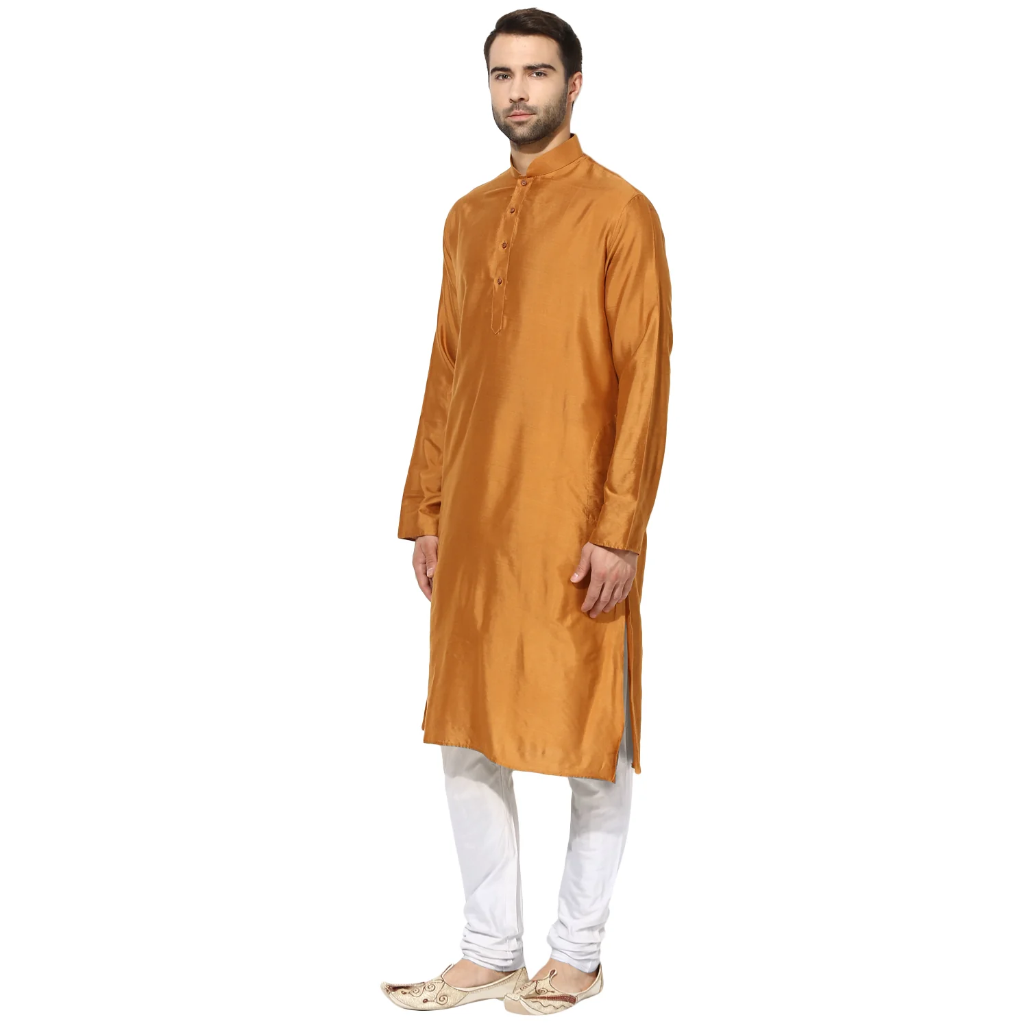 Mustard Silk Blend Kurta with White Churidar - Image 3
