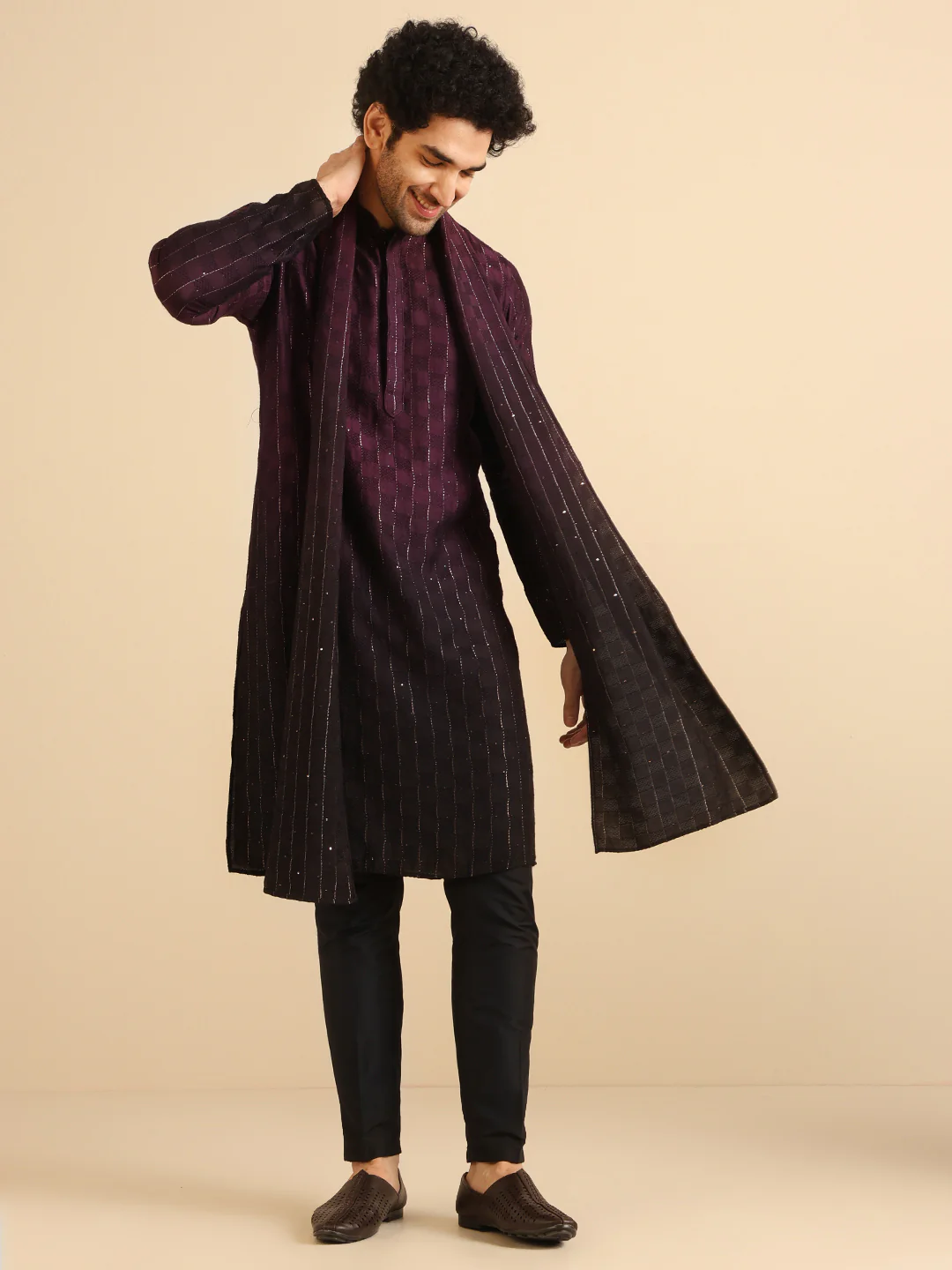 Men Brown Woven Design Dupatta - Image 6