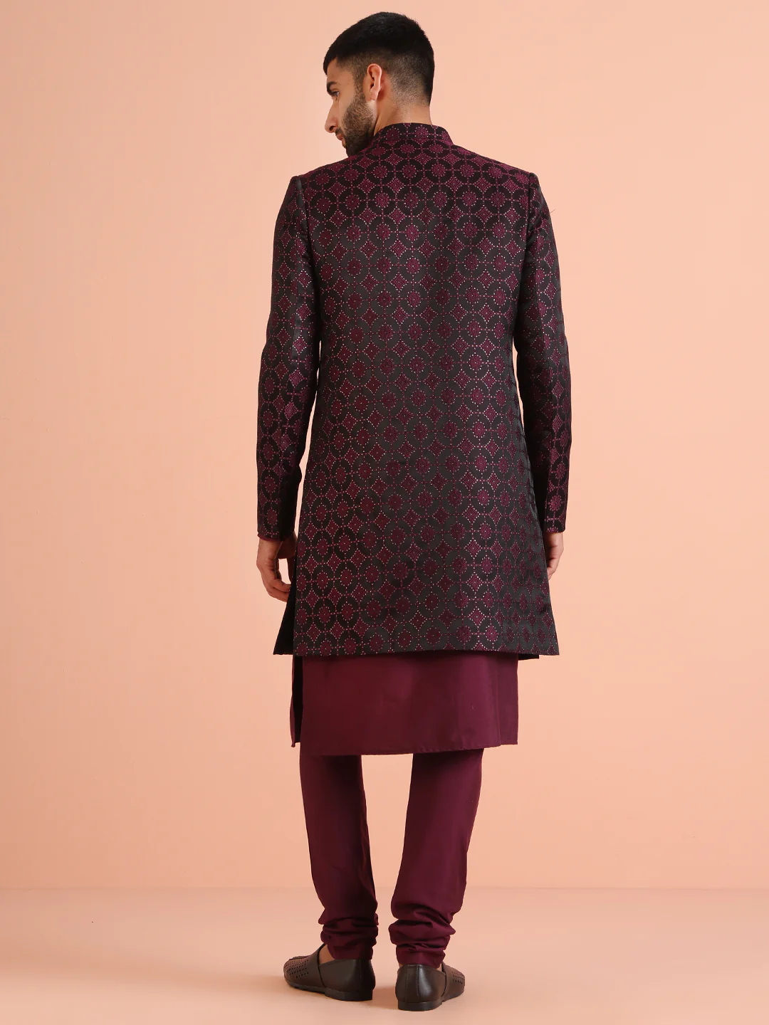 Black Purple Art Silk Embroidered Sherwani Achkan - Image 5