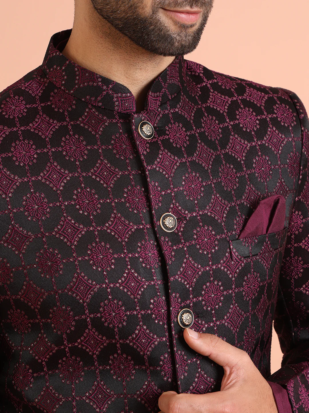 Black Purple Art Silk Embroidered Sherwani Achkan - Image 7