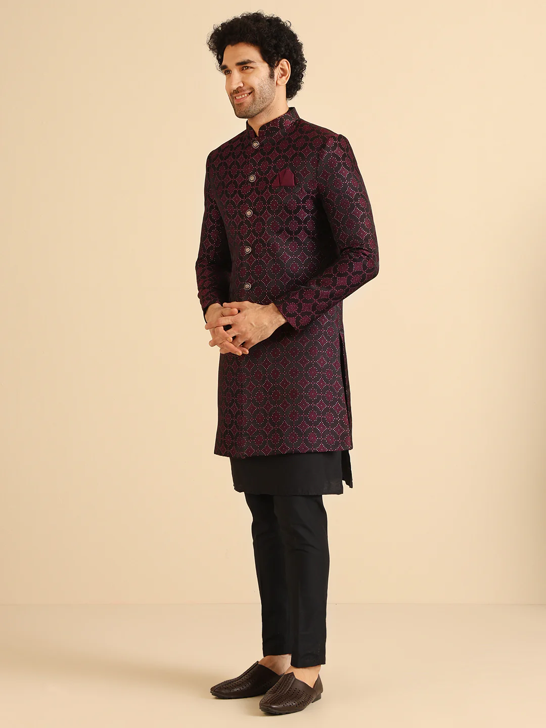 Men Black and Purple Textured Kurta Indowestern Trouser Set - Image 3