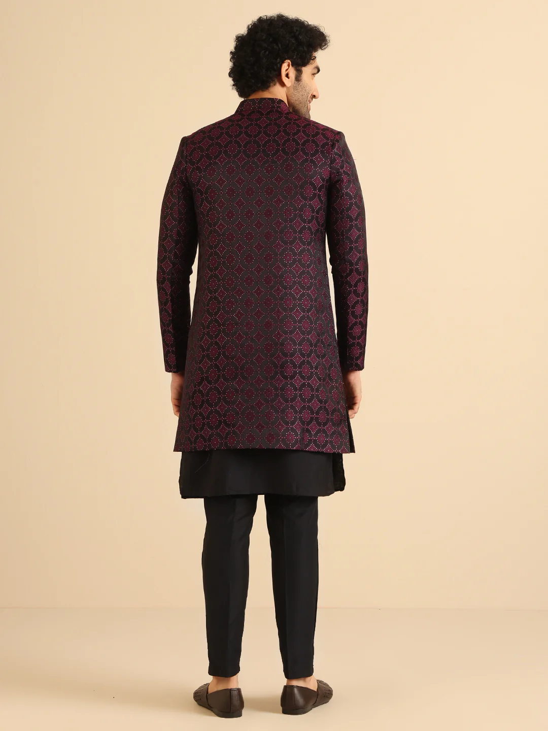 Men Black and Purple Textured Kurta Indowestern Trouser Set - Image 5