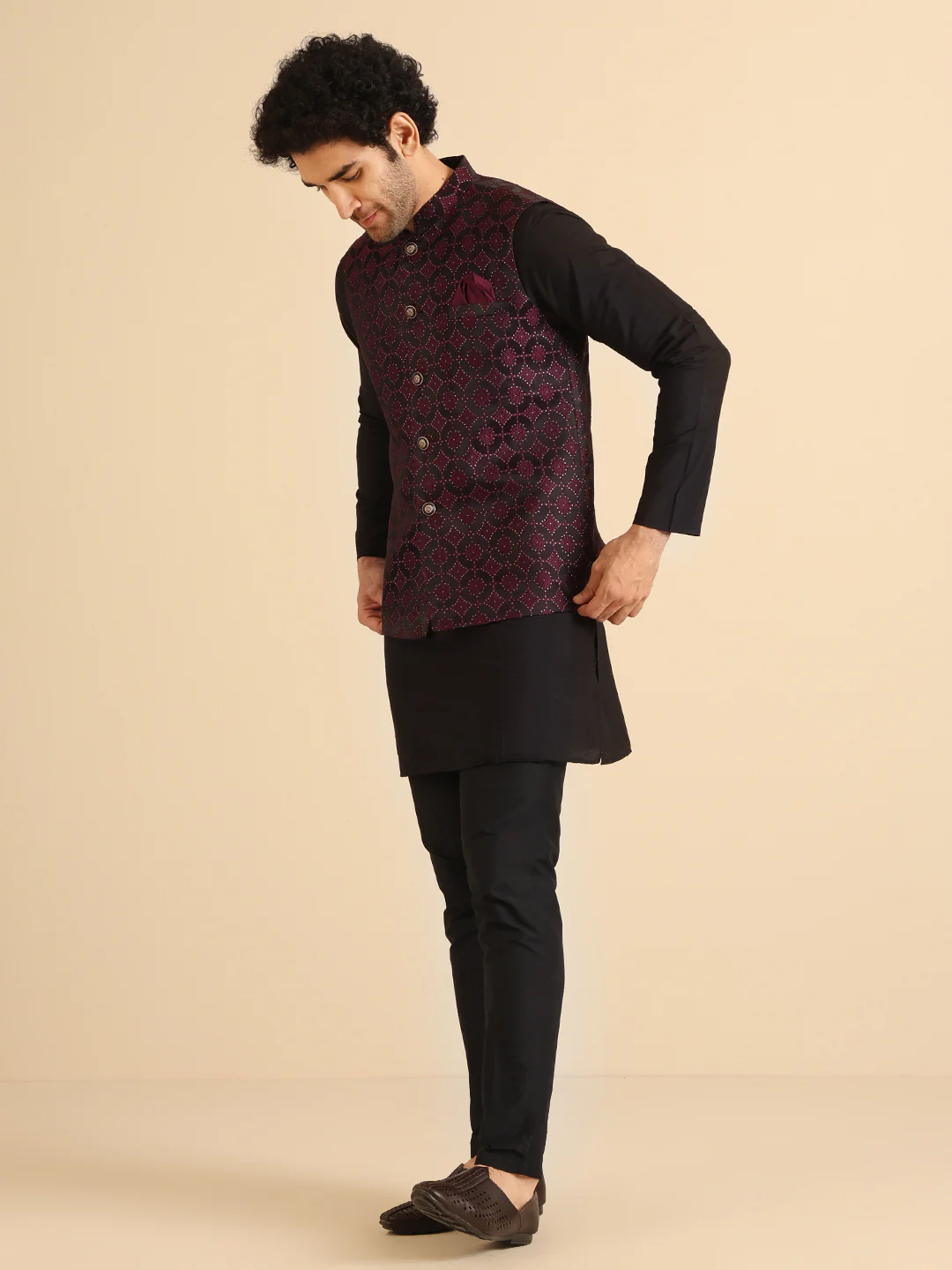 Black Maroon Textured Nehru Jacket - Image 2