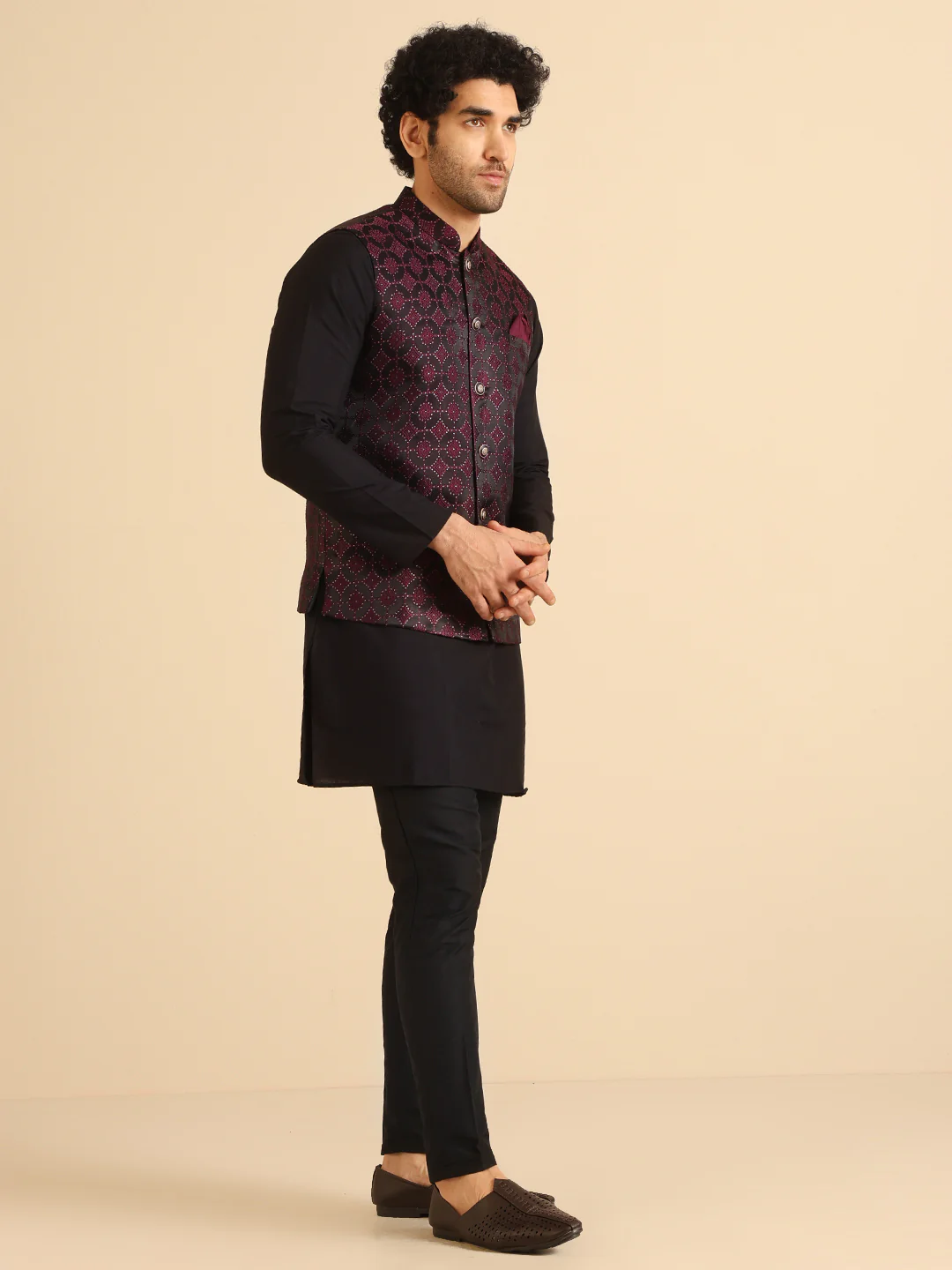 Black Maroon Textured Nehru Jacket - Image 3