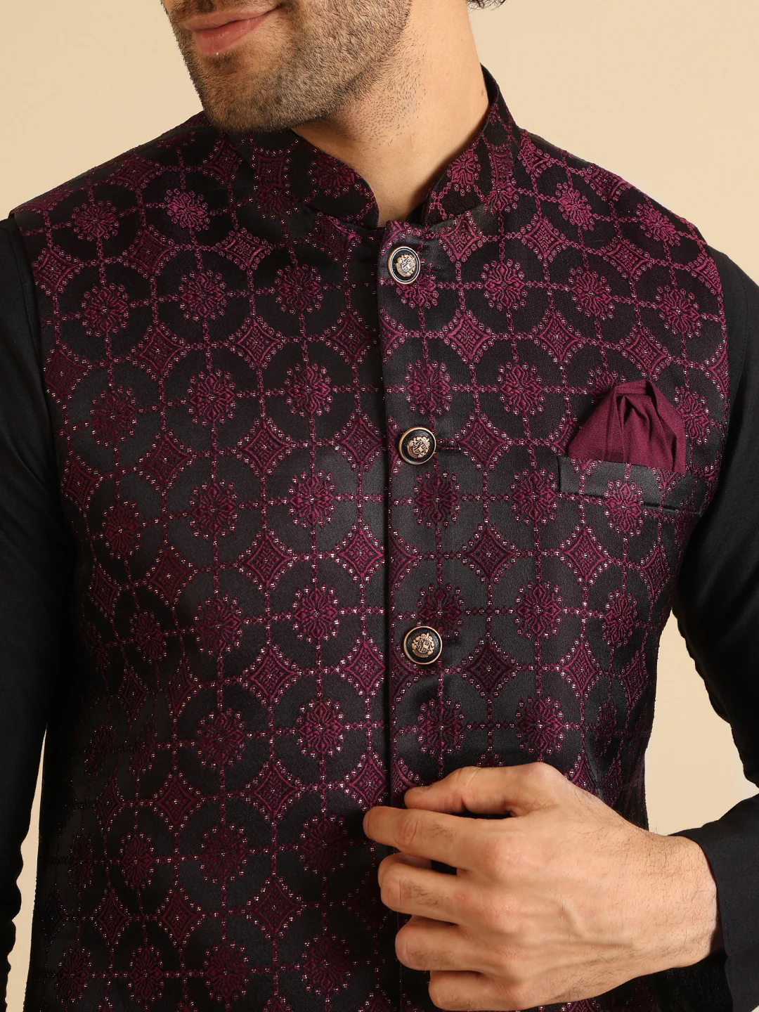 Black Maroon Textured Nehru Jacket - Image 5