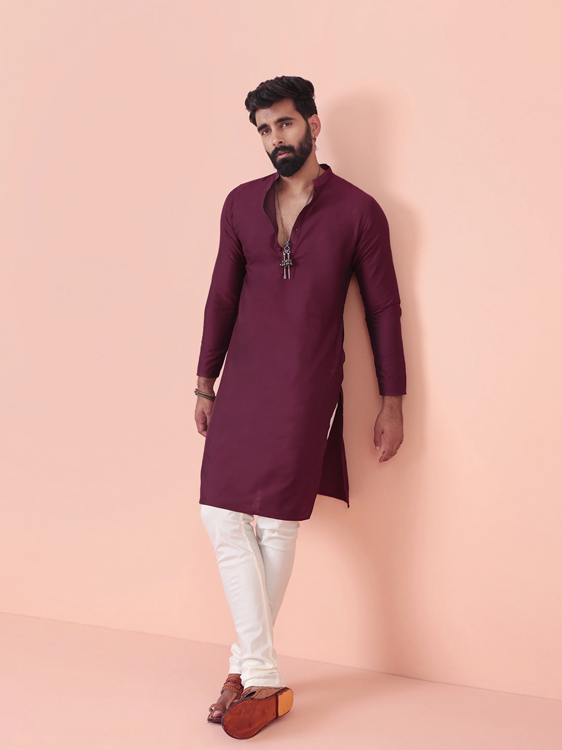 Maroon Solid Kurta Cream Churidar Set - Image 7