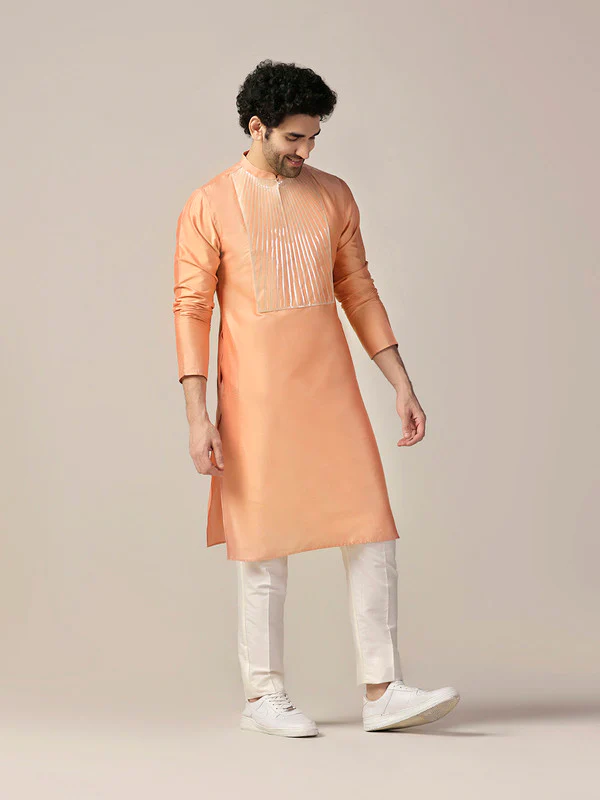 Peach Silk Metallic Embellished Long Kurta - Image 2