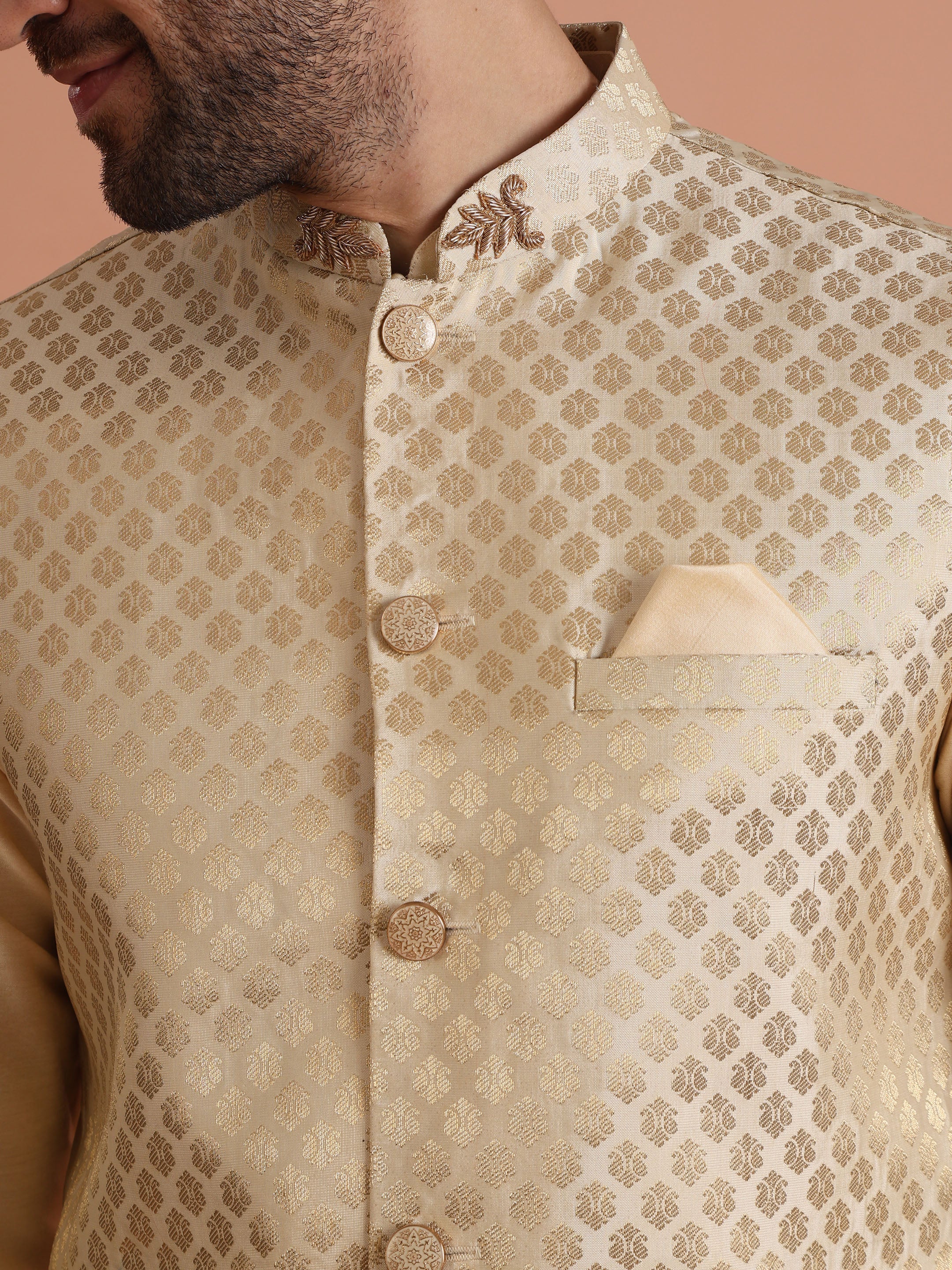 Men Cream Ethnic Motifs Nehru Jacket - Image 2